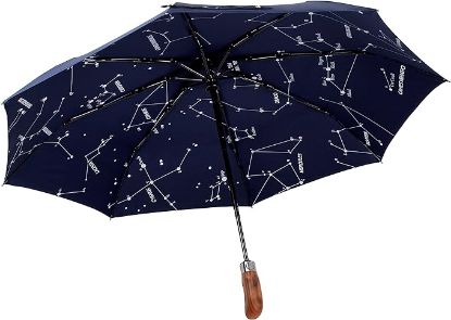 Picture of Balios (Designed in UK) Umbrella Handmade Real Wood Handle-Dark Navy with Sophisticated Constellation Interior Pattern-Windproof Fiberglass Auto Open Close Folding-300T Finest Fabric