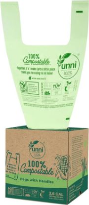 Picture of UNNI Compostable Bags with Handles, 2.6 Gallon, 9.84 Liter, 100 Count, 0.68 Mil, Samll Kitchen Food Scrap Waste Bags, T-Shirt Bags, ASTM D6400, US BPI, CMA & OK Compost Home Certified, San Francisco