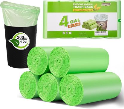 Picture of Small Trash Bags 4-6 Gallon, Inwaysin 200 Count Biodegradable Trash Bags 4 Gallon, Extra Strong Small Garbage Bags Unscented, Size Expanded, Green, for Bathroom Bedroom Office Kitchen Trash Can