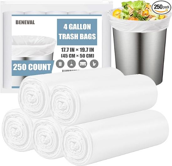 Picture of Beneval 4 Gallon Small Trash Bags, 250 Count, Unscented, Transparent, Durable, Ideal for Bathroom, Kitchen, Office, Bedroom