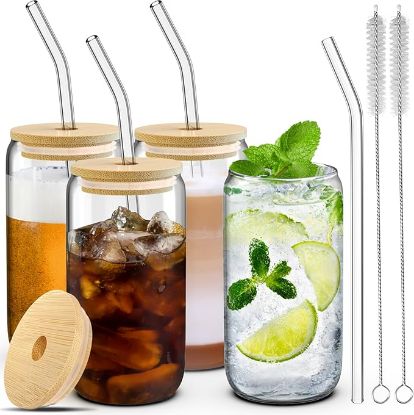 Picture of Dealusy 4 Glass Cups with Lids, Straws, and Brushes - 16 oz Drinking Cup Set with Bamboo Lids and Straws for Iced Coffee, Tumblers with Straw and Lid