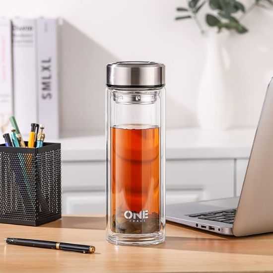 Picture of oneisall Tea Infuser Bottle, 20oz Large Capacity Glass Water Bottle Double Walled Tea Tumbler with Strainer for Loose Leaf - Borosilicate Glass Tea Infuser Mug with Sleeve Carrier, Leakproof…